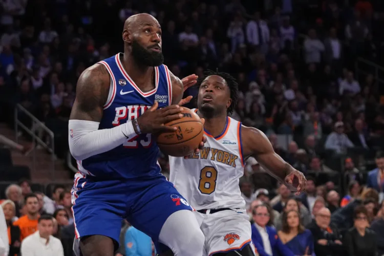 76ers rally past Knicks 106-100 as LeBron James and Jaylen Brown debut